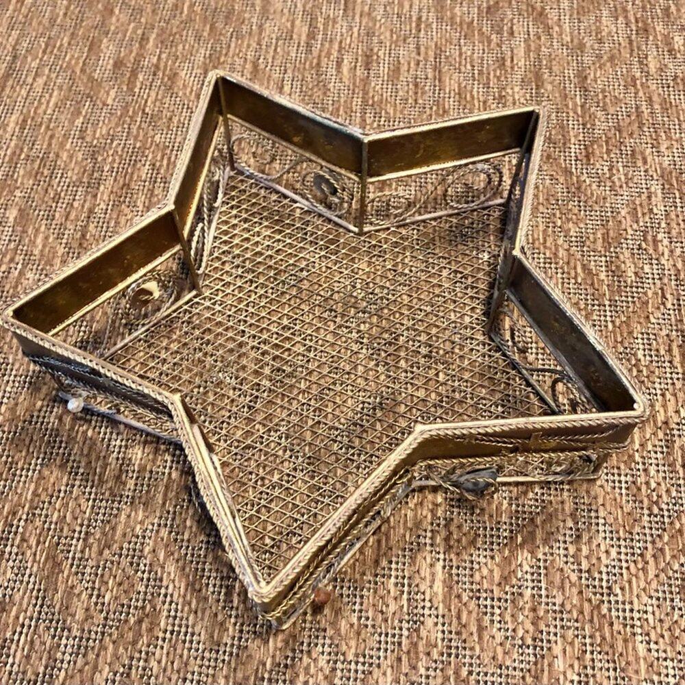 Pier 1 Gold Wired Blue White Amber Beads STAR Tray Basket Storage Decor 11" NWT